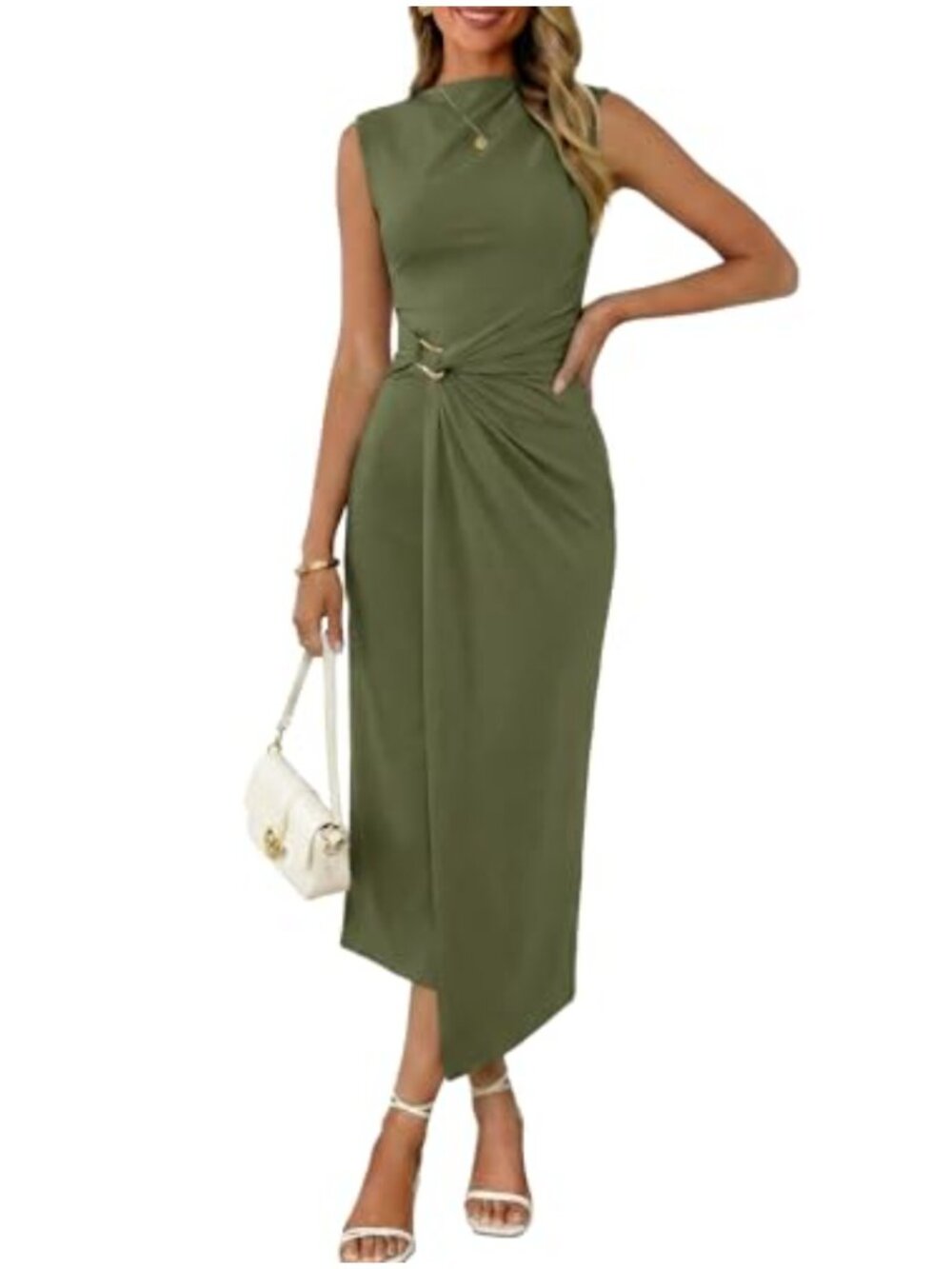 Mock Neck Ruched Bodycon Midi Dress Sleeveless Side Slit